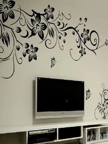 1pc, Wall Sticker, Black Flowers Butterflies Wall Sticker, Room Decor, Scene Decor, Bedroom Decor, Entrance Decor, Wall Beautification Decorative, Kitchen Decoration, Background Wall Decoration, Window Glass Decoration, Stickers, Wall Decal, Vinyl Decal For Home Decorations, Spring Decoration Items Refresh Your Home, Festival Decoration Stickers Gifts Birthday Graduation