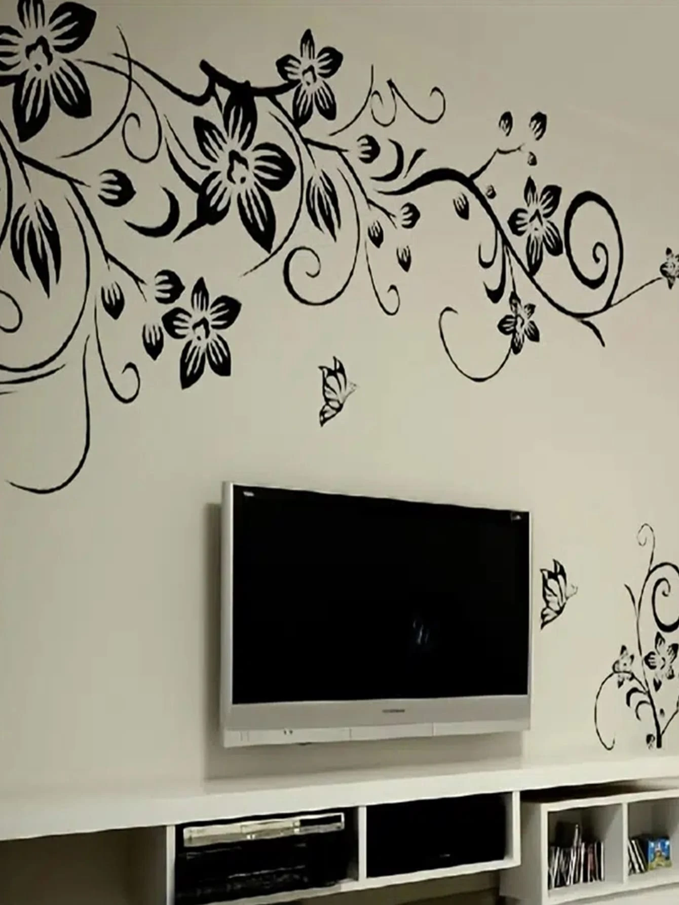 1pc, Wall Sticker, Black Flowers Butterflies Wall Sticker, Room Decor, Scene Decor, Bedroom Decor, Entrance Decor, Wall Beautification Decorative, Kitchen Decoration, Background Wall Decoration, Window Glass Decoration, Stickers, Wall Decal, Vinyl Decal For Home Decorations, Spring Decoration Items Refresh Your Home, Festival Decoration Stickers Gifts Birthday Graduation