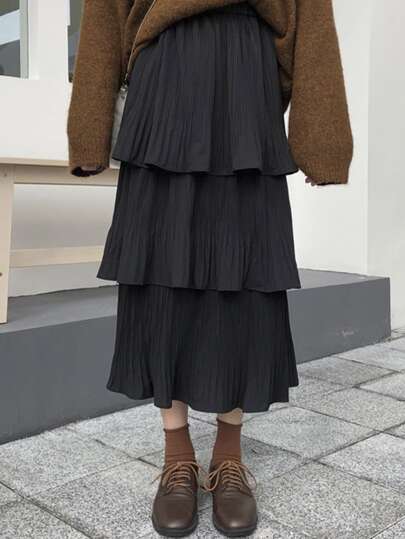 纯色分层荷叶边下摆 A 字中长裙，松紧腰身女士休闲度假装