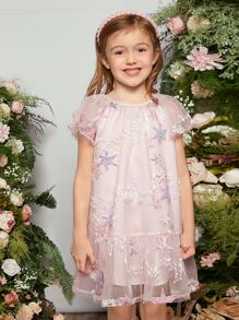 SHEIN Đầm bé gái Đề can Thêu Viên lá sen Hình học Dễ thương - Nhiều màu - Xem 1