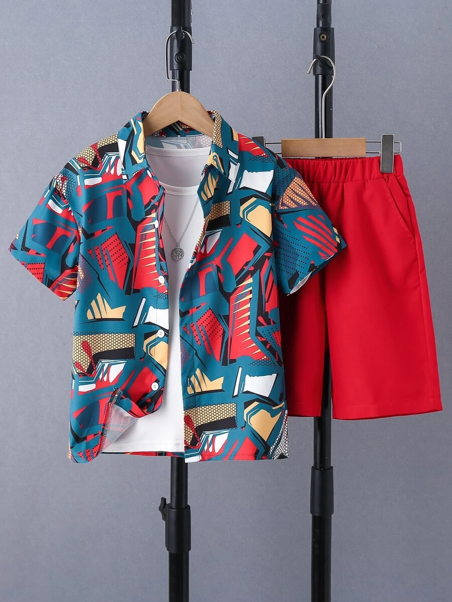 SHEIN Bộ hai mảnh Trai Túi Nút phía trước Đồ họa Giải trí - Nhiều màu - Xem 1