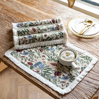 1,4 件加厚色织提花桌布，植物花卉桌布，流苏美式餐桌，布艺厨房