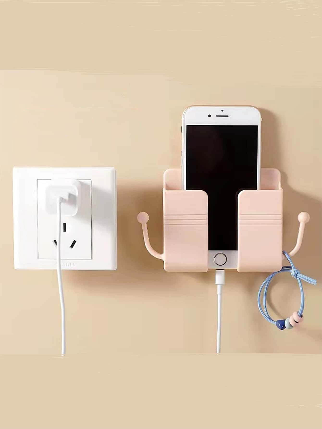 1個手機支架箱掛式收納盒壁掛充電器掛鉤充電底座汽車多功能支架 - 粉色 - 查看 1