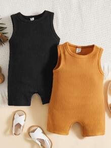 SHEIN Đứa bé trai 2 Miếng Đồ đan Ribbed Áo Tank Romper - Nhiều màu - Xem 1