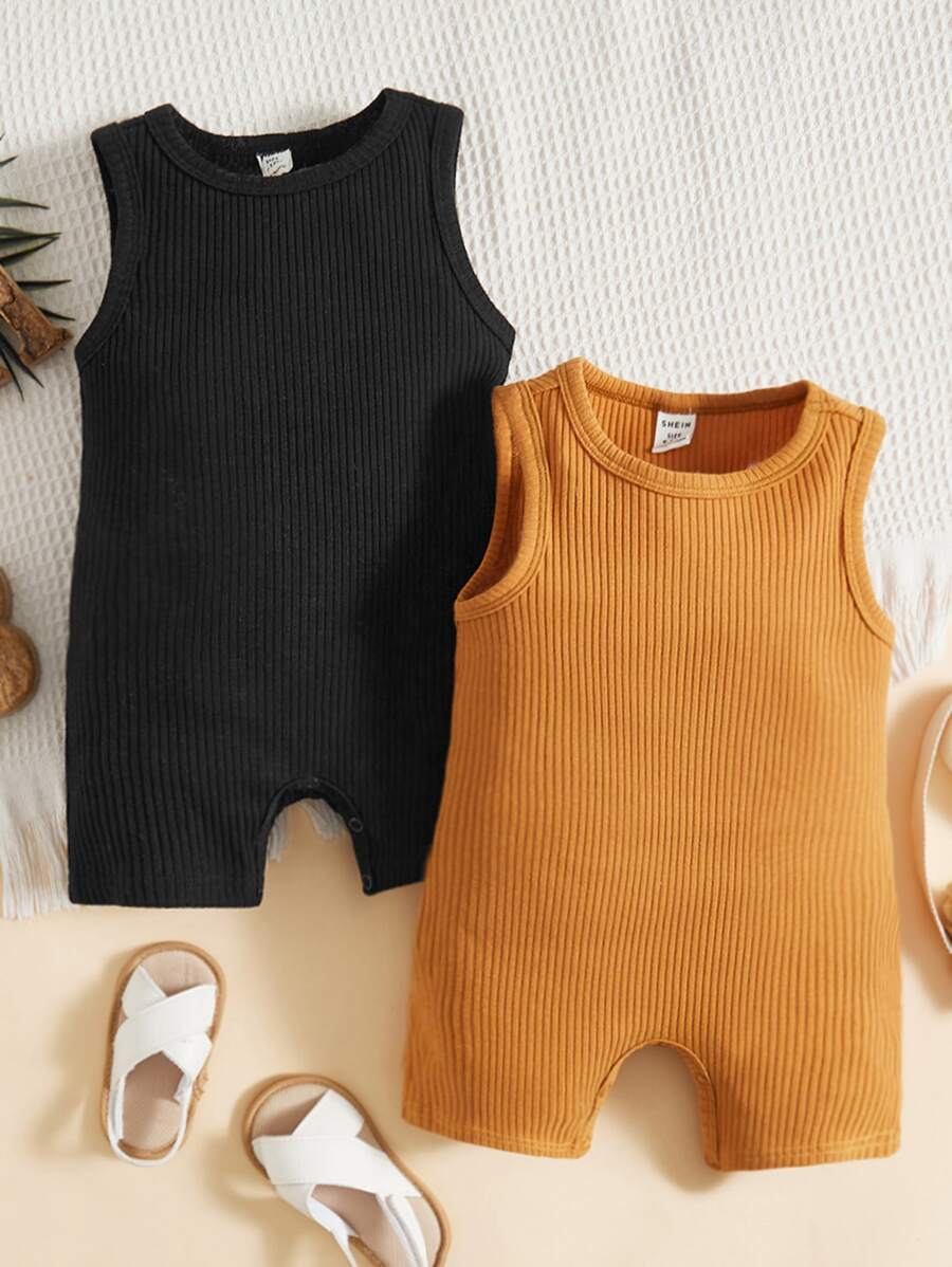 SHEIN Đứa bé trai 2 Miếng Đồ đan Ribbed Áo Tank Romper - Nhiều màu - Xem 1