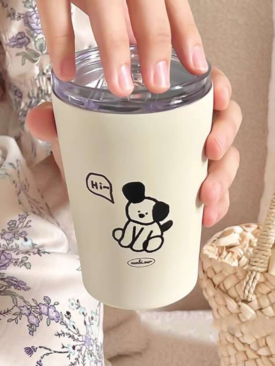 1 件狗图案不锈钢杯，创意多功能咖啡杯，适合办公室和学校 - 杏色 - 查看 1