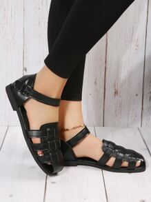 女士編織細節平底度假黑色踝帶平底涼鞋 - 黑色 - 查看 3