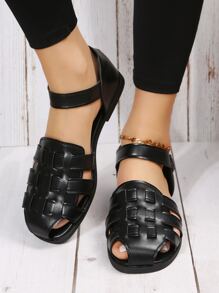 女士編織細節平底度假黑色踝帶平底涼鞋 - 黑色 - 查看 2