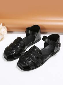 女士編織細節平底度假黑色踝帶平底涼鞋 - 黑色 - 查看 4