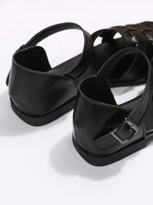 女士編織細節平底度假黑色踝帶平底涼鞋 - 黑色 - 查看 6