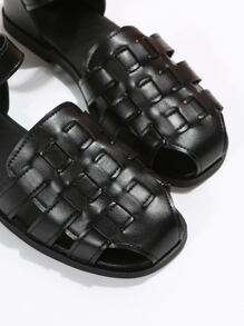 女士編織細節平底度假黑色踝帶平底涼鞋 - 黑色 - 查看 7