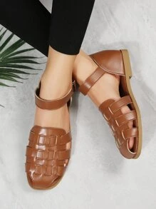 女士編織細節平底度假踝帶平底涼鞋 - 棕色 - 查看 1