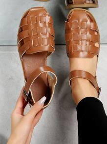 女士編織細節平底度假踝帶平底涼鞋 - 棕色 - 查看 2