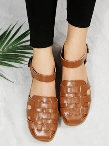 女士編織細節平底度假踝帶平底涼鞋 - 棕色 - 查看 3