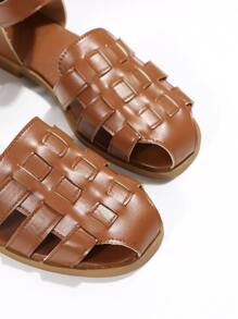 女士編織細節平底度假踝帶平底涼鞋 - 棕色 - 查看 6