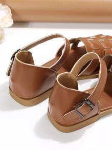 女士編織細節平底度假踝帶平底涼鞋 - 棕色 - 查看 7