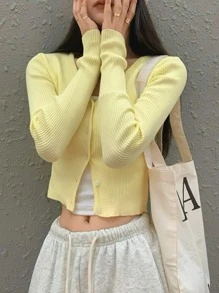 Solid Button Through Crop Cardigan - Yellow - View 1