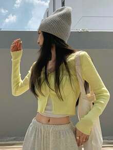 Solid Button Through Crop Cardigan - Yellow - View 3