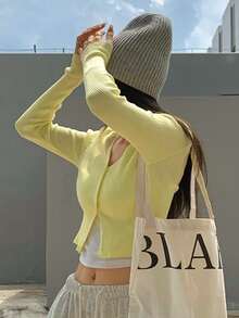 Solid Button Through Crop Cardigan - Yellow - View 4