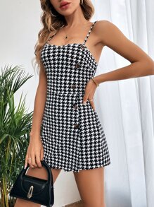 SHEIN Privé Houndstooth Print Button Detail Cami Romper - Black - View 6