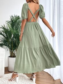 SHEIN VCAY Criss Cross Backless Puff Sleeve Ruffle Hem Dress - Green - View 5