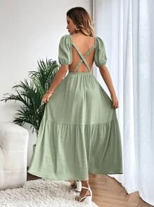 SHEIN VCAY Criss Cross Backless Puff Sleeve Ruffle Hem Dress - Green - View 2