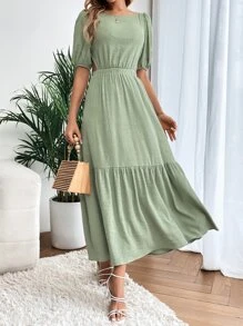 SHEIN VCAY Criss Cross Backless Puff Sleeve Ruffle Hem Dress - Green - View 4