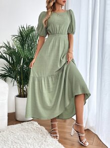 SHEIN VCAY Criss Cross Backless Puff Sleeve Ruffle Hem Dress - Green - View 1