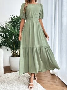 SHEIN VCAY Criss Cross Backless Puff Sleeve Ruffle Hem Dress - Green - View 6