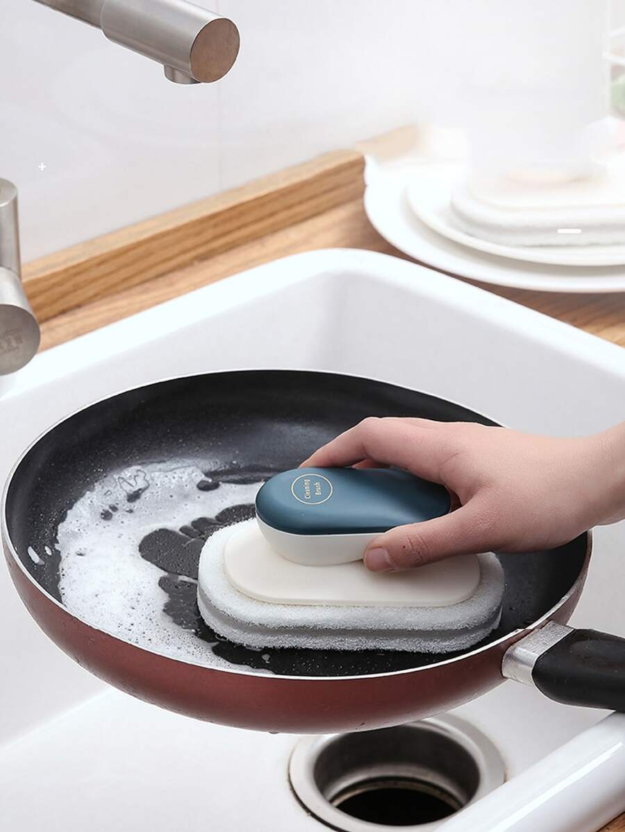 1pc Pot Cleaning Brush With Handle, Multifunction Plastic Cleaning Sponge For Countertop, Cleaning Tool For Kitchen - Blue - View 1