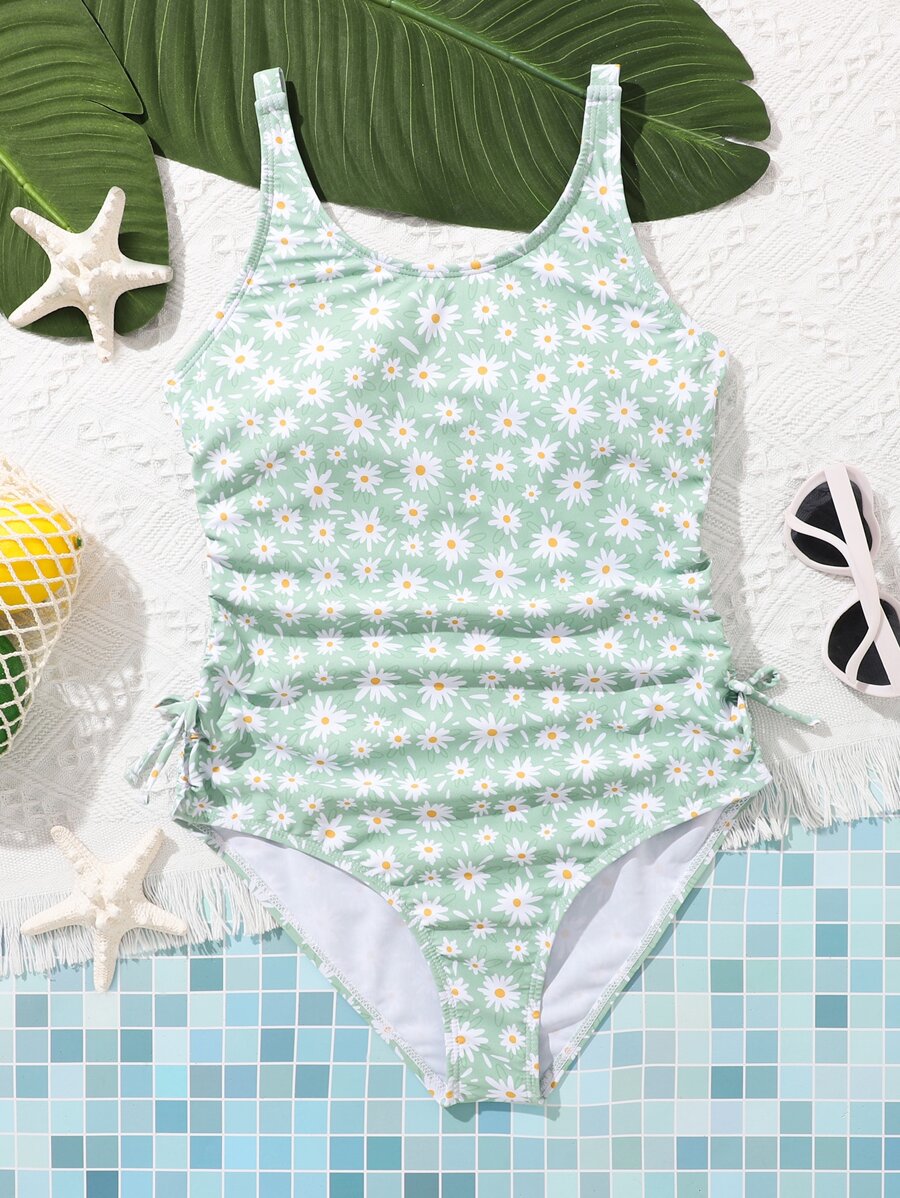 SHEIN Teen Girls Ditsy Floral Print Drawstring Side One Piece Swimsuit - Mint Green - View 1