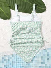 SHEIN Teen Girls Ditsy Floral Print Drawstring Side One Piece Swimsuit - Mint Green - View 2