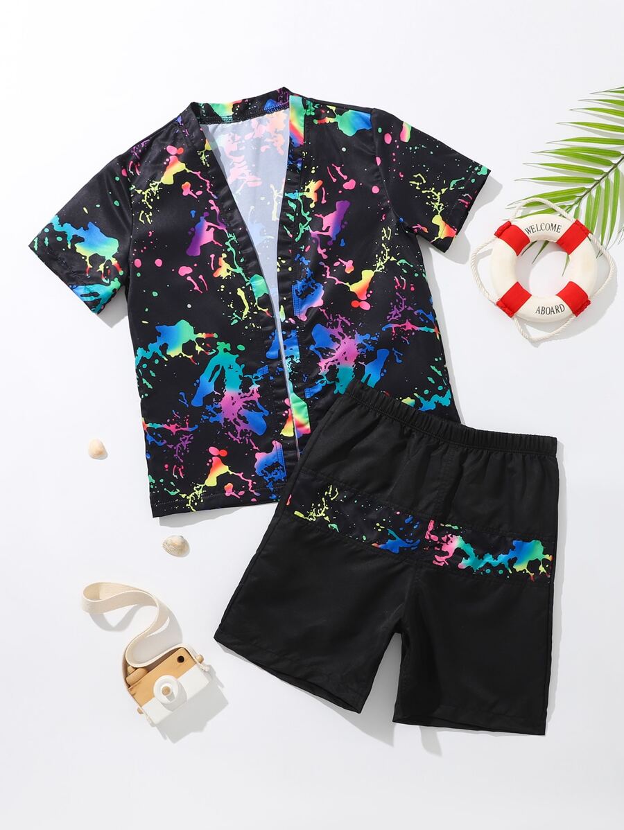 Chicos Bañador de playa con estampado de tinte de salpicadura - Negro - Ver 1