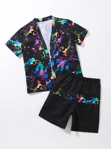 Chicos Bañador de playa con estampado de tinte de salpicadura - Negro - Ver 3