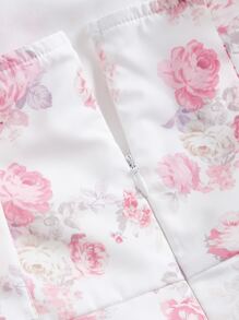 SHEIN MOD Vestido camisero con estampado floral, volantes en el bajo asimétrico, pliegues en los hombros y vuelo en el bajo, fondo blanco con flores rosas que cubre las caderas - Blanco - Ver 3