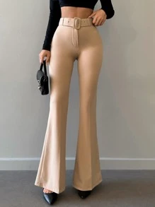 EURMUSE Solid Belted Flare Leg Trousers - Beige - View 1