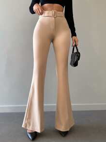 EURMUSE Solid Belted Flare Leg Trousers - Beige - View 3