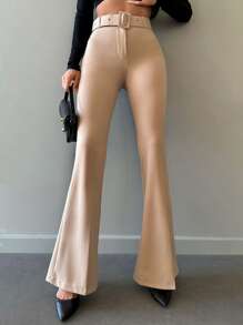 EURMUSE Solid Belted Flare Leg Trousers - Beige - View 4
