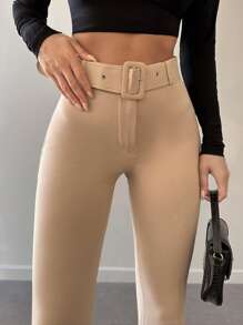 EURMUSE Solid Belted Flare Leg Trousers - Beige - View 5