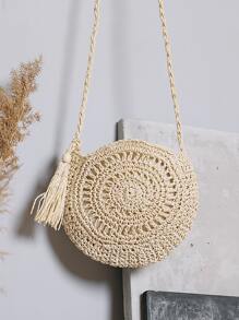 Yogodlns 流蘇裝飾鏤空草編包 - 米色 - 查看 1