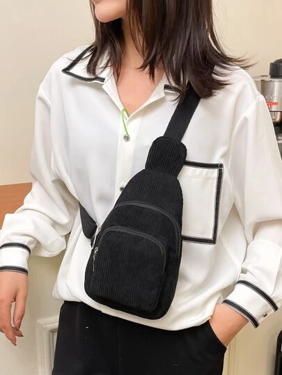 迷你簡約單肩包燈芯絨多拉鍊單肩包素色胸包帶可調節肩帶秋冬