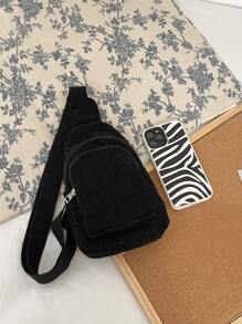 迷你簡約單肩包燈芯絨多拉鍊單肩包素色胸包帶可調節肩帶秋冬