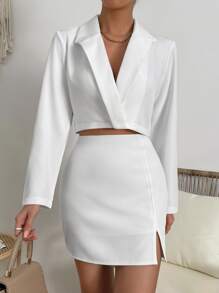 SHEIN Frenchy Solid Lapel Neck Crop Blazer & Split Hem Skirt Elegant White - White - View 1