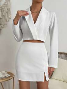 SHEIN Frenchy Solid Lapel Neck Crop Blazer & Split Hem Skirt Elegant White - White - View 5
