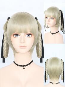直短灰金色动漫角色扮演假发，带刘海，适合女性女孩，高密度廉价假发，合成无胶耐热纤维替换发，学校万圣节感恩节圣诞节服装配饰和 1 件假发帽 - 灰色 - 查看 1