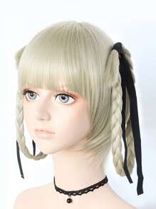 直短灰金色动漫角色扮演假发，带刘海，适合女性女孩，高密度廉价假发，合成无胶耐热纤维替换发，学校万圣节感恩节圣诞节服装配饰和 1 件假发帽 - 灰色 - 查看 5