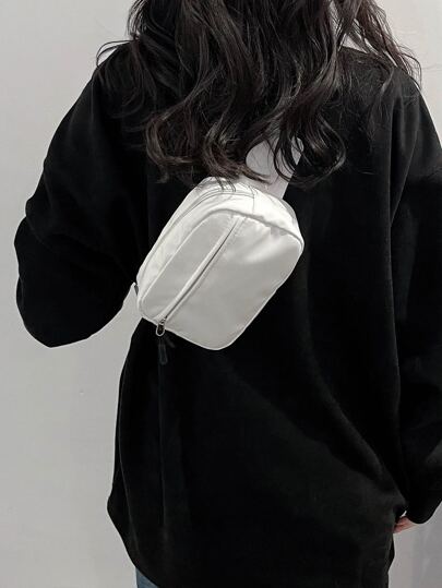 1pc Solid Color Nylon Stitching Fashionable Versatile Minimalist Mini Chest Bag, Preppy Bum Bag For The First Day Of School