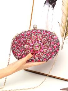 LETODE BAG Glamorous Glitter Bling, Sequin, Luxury, Shiny Mini Rhinestone Flower Decor Chain Box Bag, Perfect Bride Purse For Wedding, Prom & Party Events Evening Bag, Dinner Bag For Party Girl, Woman - Hot Pink - View 1