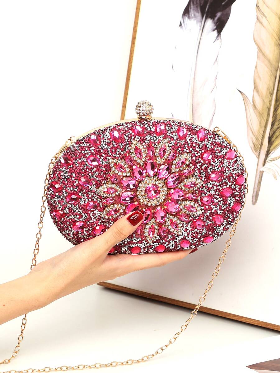LETODE BAG Glamorous Glitter Bling, Sequin, Luxury, Shiny Mini Rhinestone Flower Decor Chain Box Bag, Perfect Bride Purse For Wedding, Prom & Party Events Evening Bag, Dinner Bag For Party Girl, Woman - Hot Pink - View 1