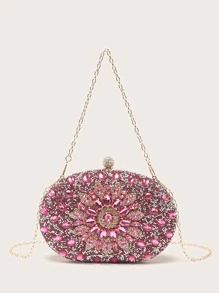 LETODE BAG Glamorous Glitter Bling, Sequin, Luxury, Shiny Mini Rhinestone Flower Decor Chain Box Bag, Perfect Bride Purse For Wedding, Prom & Party Events Evening Bag, Dinner Bag For Party Girl, Woman - Hot Pink - View 2